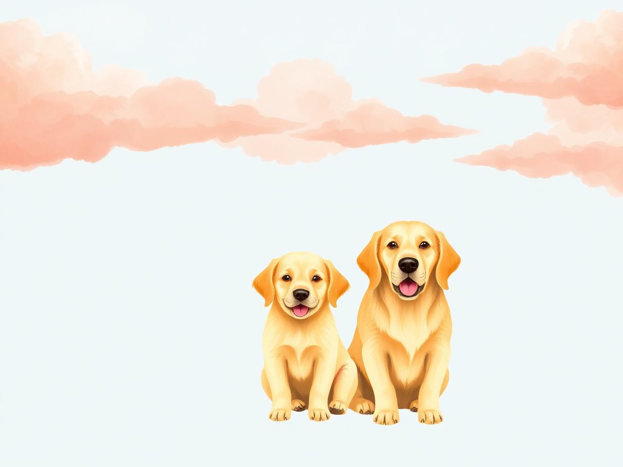 A friendly puppy and adult golden retriever sitting together under soft peach clouds